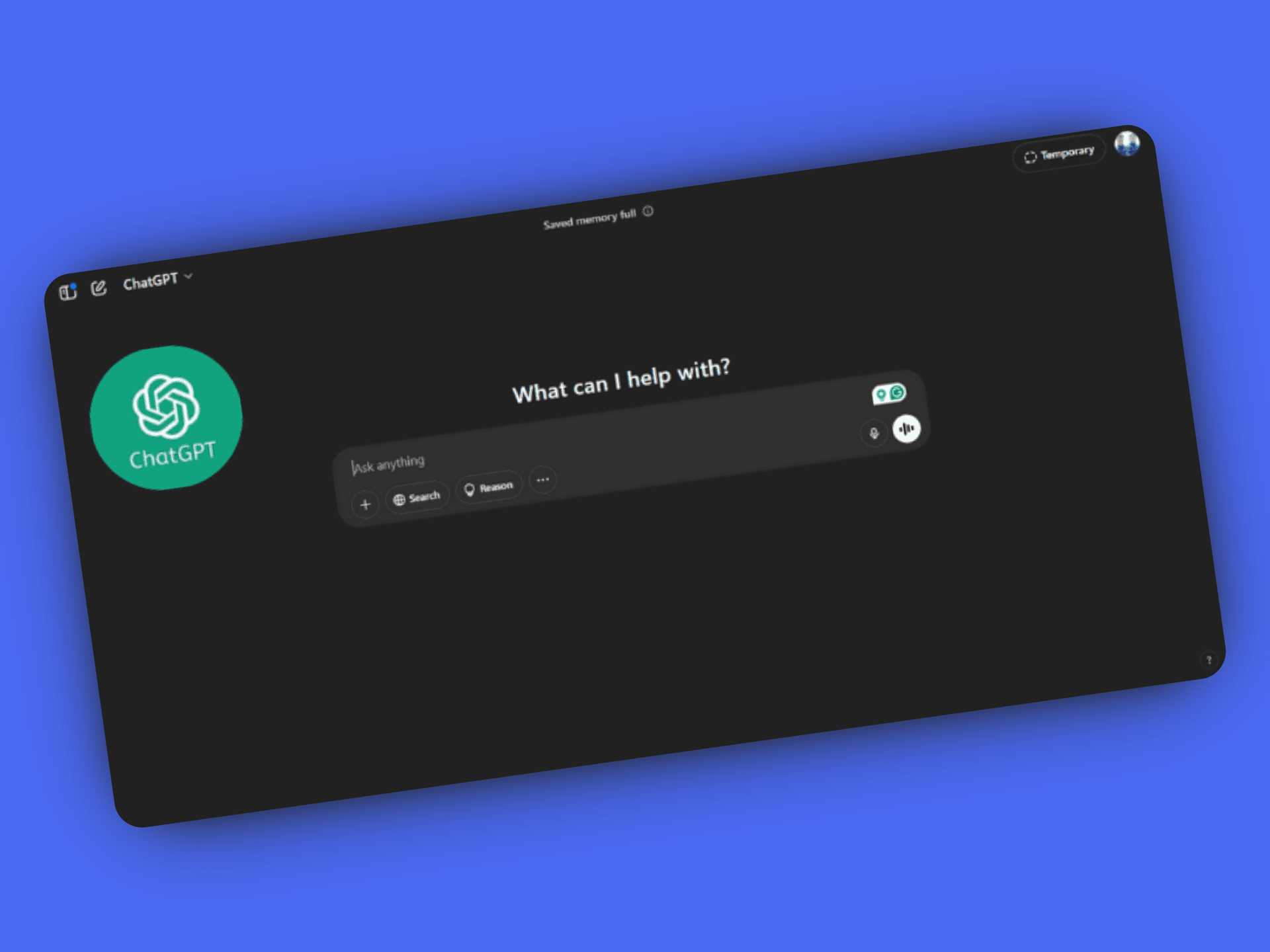 ChatGPT interface displaying a simple prompt field asking 'What can I help with?' along with options for search, reasoning, and creating images."