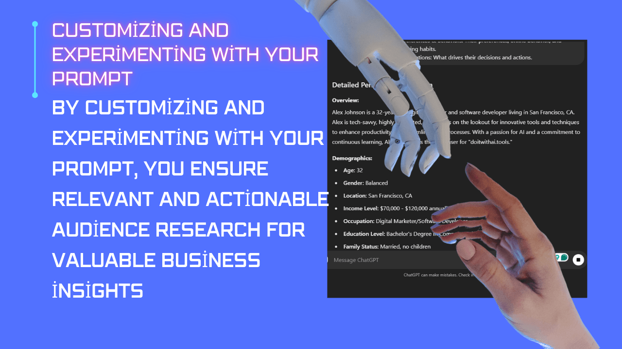 AI prompt customization graphic. Text encourages experimenting with prompts for relevant audience research and valuable business insights. Robotic hand points to detailed buyer persona example.