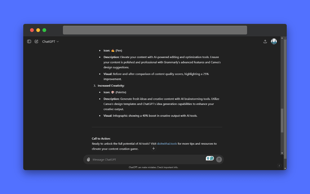 Screenshot of ChatGPT interface displaying infographic content on AI tools for content creation. Highlights include AI-powered editing with Grammarly and Canva, increased creativity with idea generation tools, and a call to action to visit doitwithaitools for resources.
