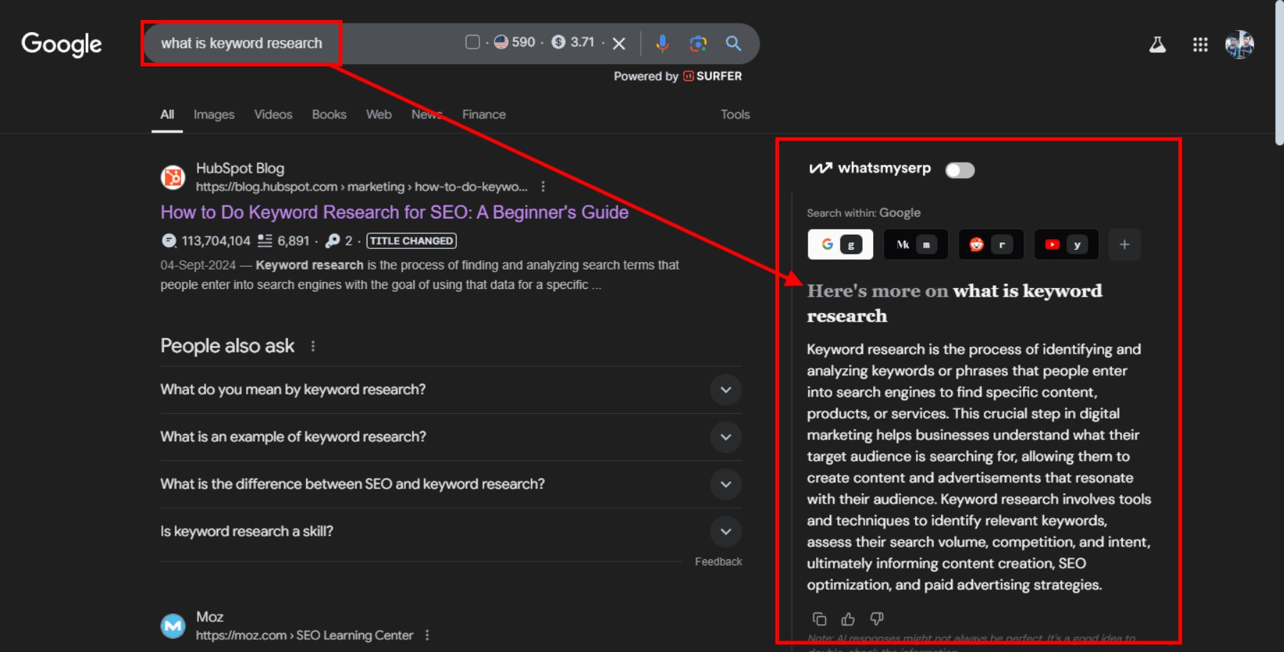 Screenshot of Google search results with Merlin AI overlay, displaying detailed keyword research insights in the 'whatsmyserp' section.