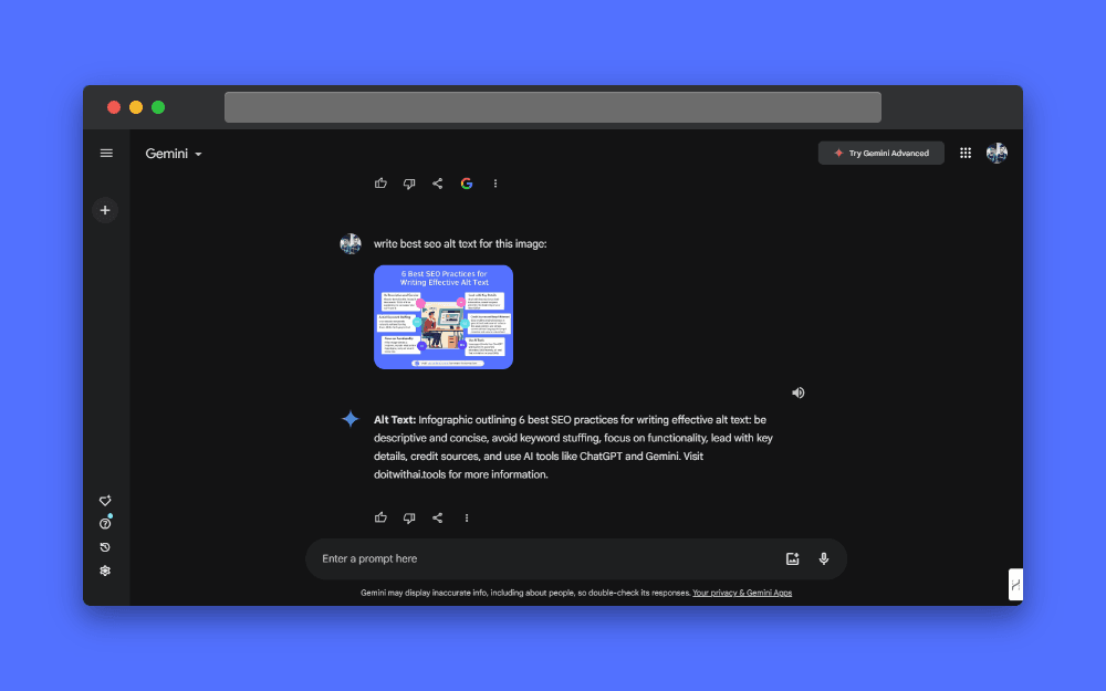 Screenshot of Gemini AI prompting the user to write SEO-friendly alt text for an infographic titled "6 Best SEO Practices for Writing Effective Alt Text.