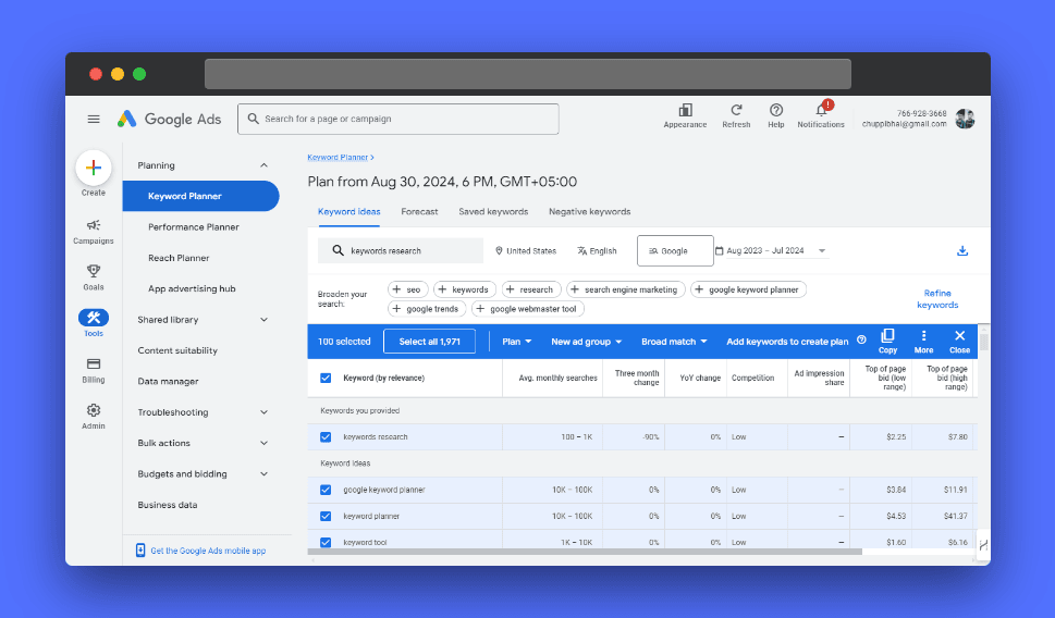 The screenshot shows the Google Ads Keyword Planner interface displaying results for the keyword search term "keywords research." Key features include keyword ideas, search volume, monthly searches, YoY change, competition, ad impression share, and top of page bid estimates. Users can select keywords, create new ad groups, and adjust keyword match types.