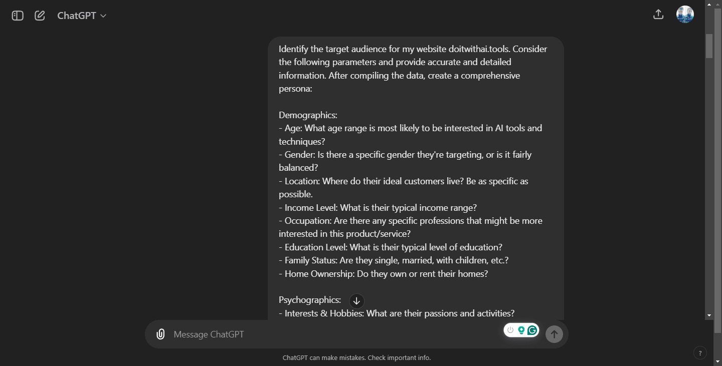 ChatGPT Prompt for Target Audience Research. Screenshot shows a prompt to ChatGPT requesting demographic and psychographic data for a website's target audience.