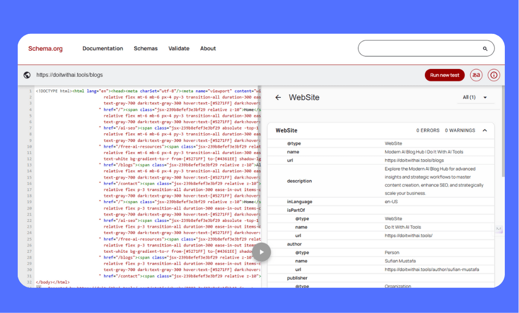 A screenshot of the official Schema.org Validator on a blue background auditing a webpage for the brand Do It With AI Tools