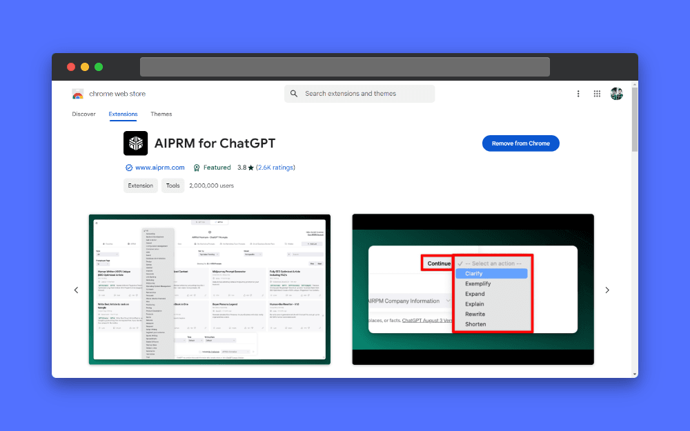 Screenshot of the Chrome Web Store showing the AIPRM for ChatGPT extension page, with screenshots of the extension's functionality and a "Remove from Chrome" button, indicating it's already installed.