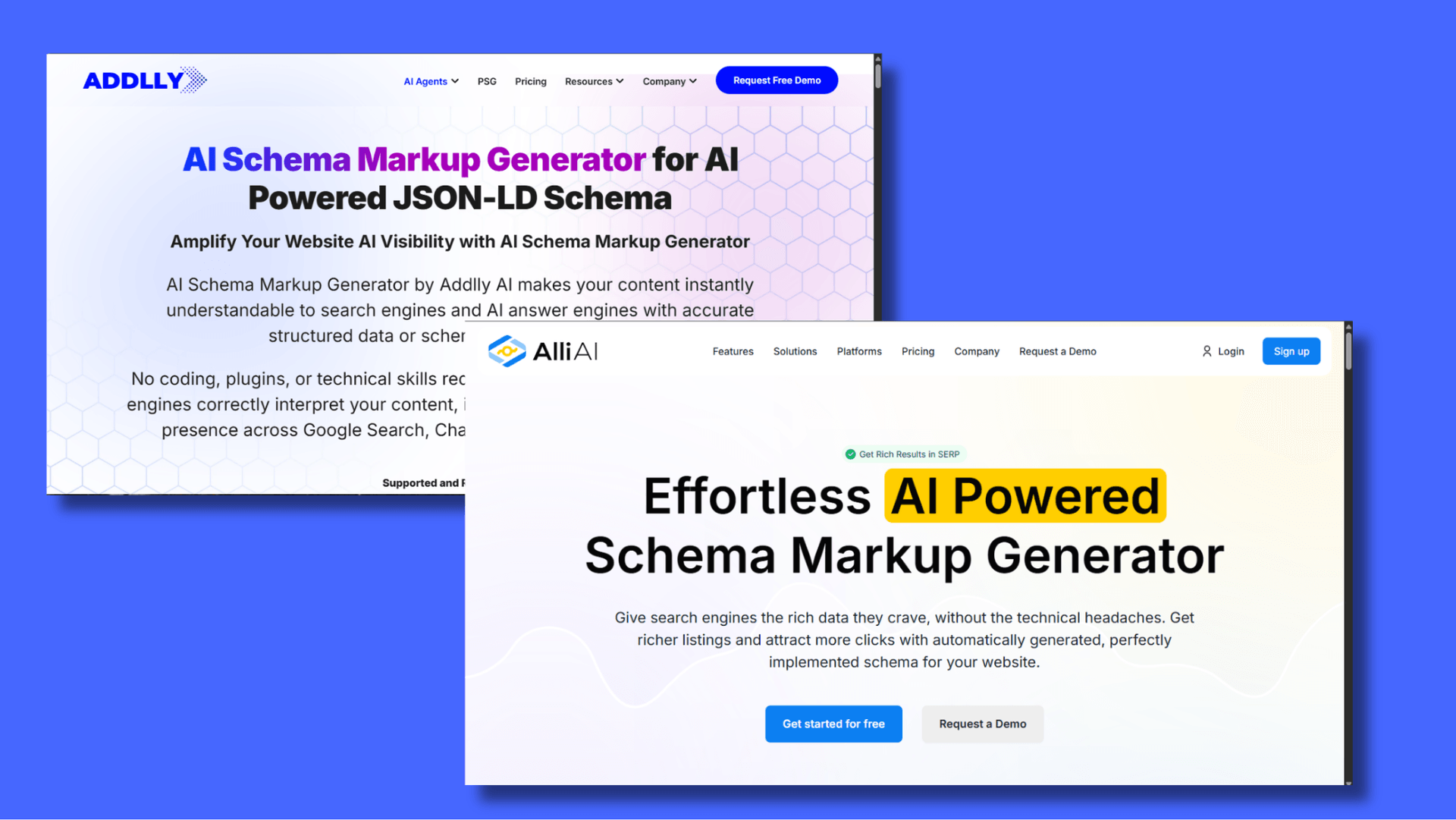 A comparison graphic on a blue background featuring two modern AI-powered schema tools: Addlly.ai on the left and Alli AI on the right