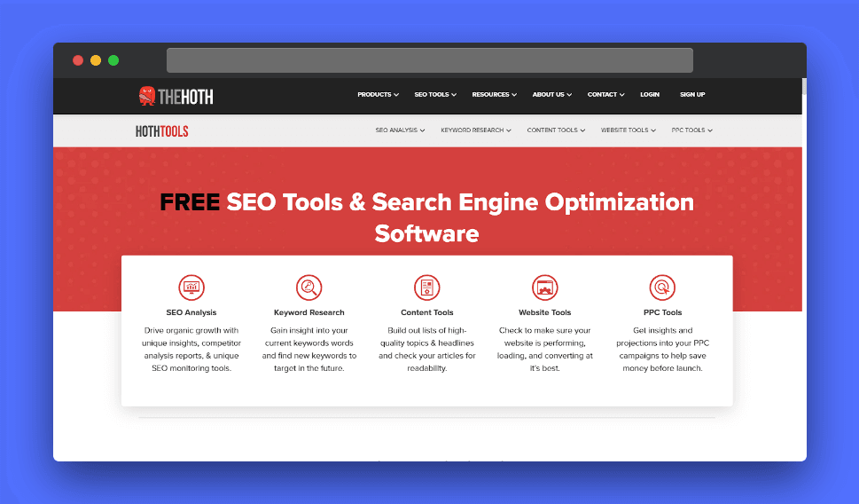 The HOTH website interface featuring their free SEO tools suite, highlighting keyword research, competitor analysis, and backlink checking.