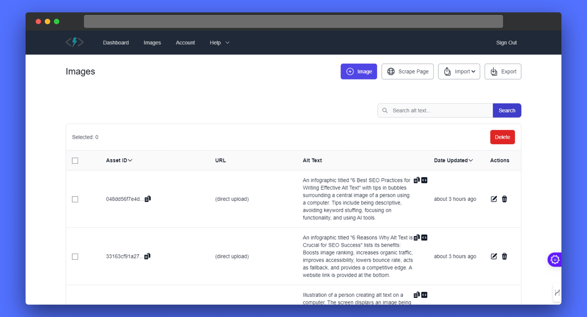 Screenshot of alttext.ai user dashboard displaying a list of uploaded images with their corresponding alt text descriptions.