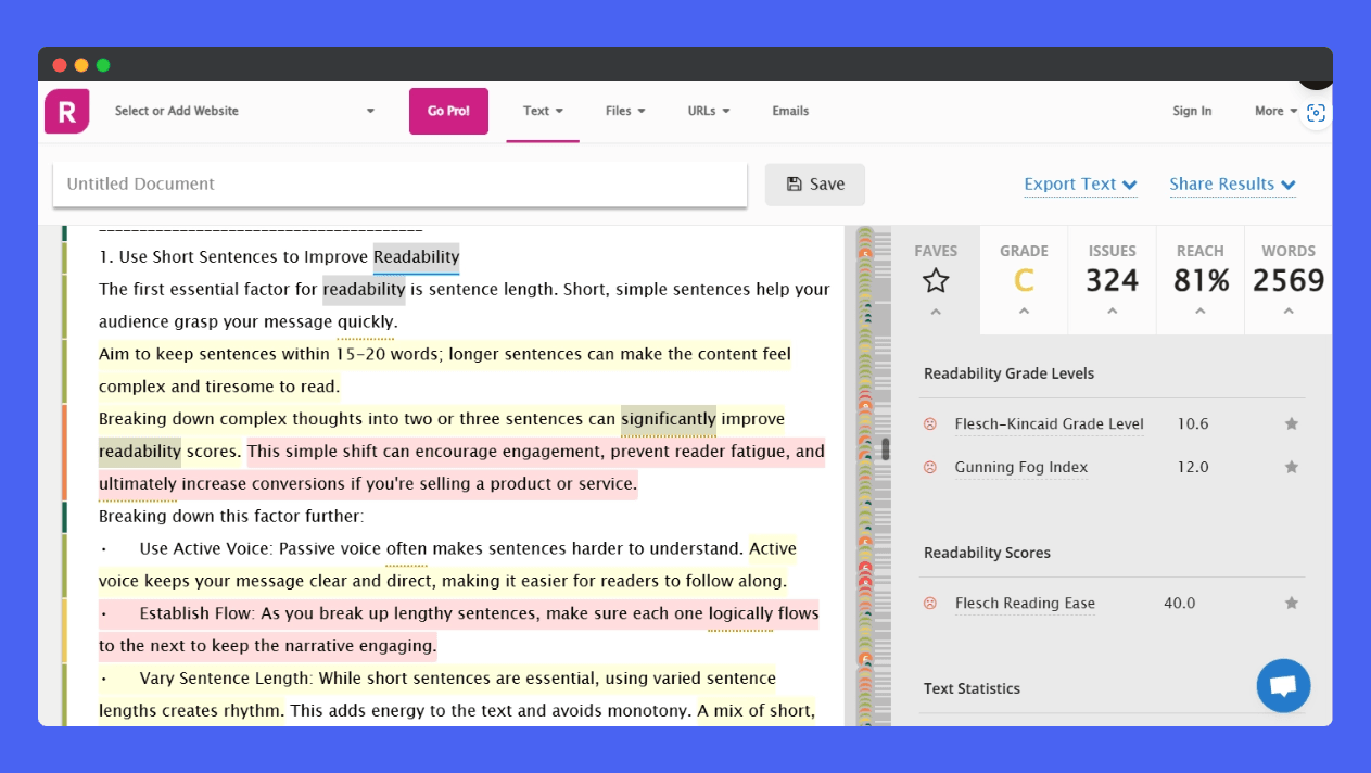 Screenshot of the Readable.com interface, showing a document with highlighted text indicating readability issues, various readability metrics, and a Reach score.