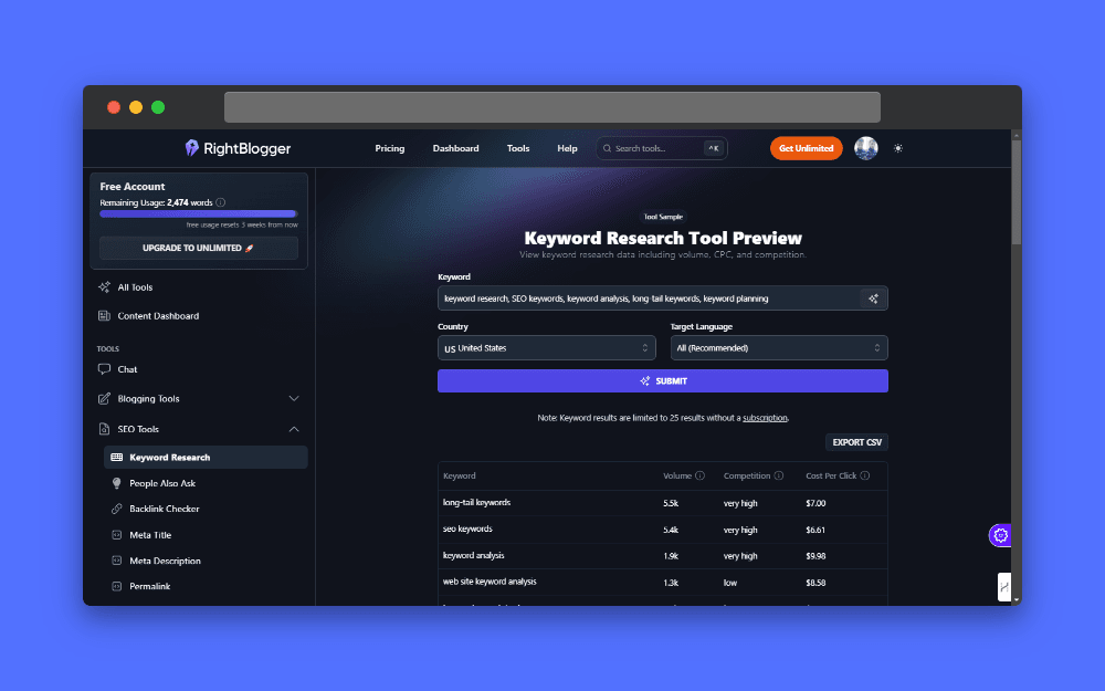 Screenshot of RightBlogger's Keyword Research Tool interface showing input fields for keywords, country, and language, along with a table displaying keyword data like volume, competition, and CPC.