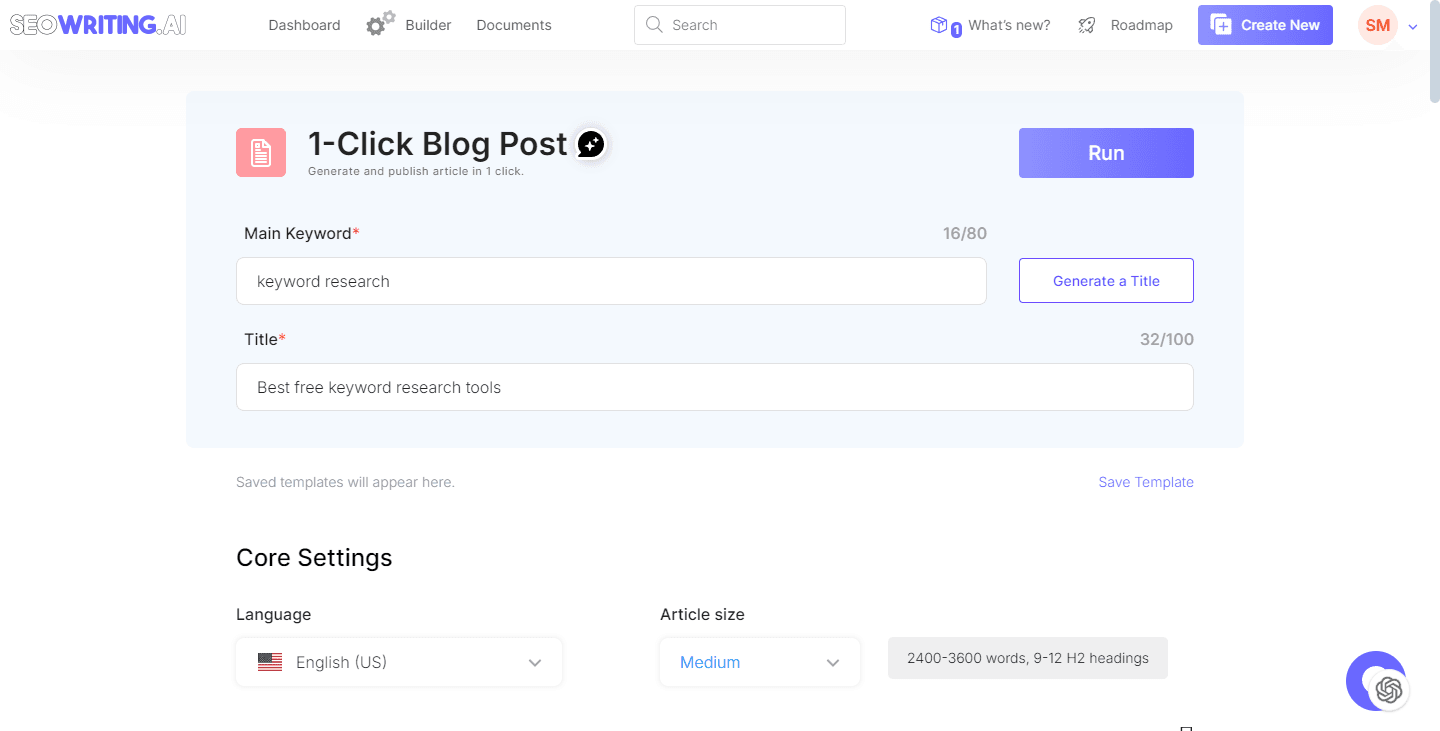 SEO Writing AI interface showcasing the 1-Click Blog Post feature, with fields for main keyword 'keyword research,' title 'Best free keyword research tools,' and core settings for language and article size.