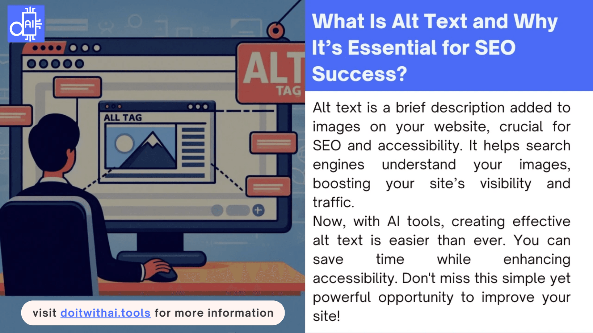 doitwithai.tools showcases an illustration of a person working on a computer, creating alt text for an image. The screen displays the question 'What is Alt Text?' along with a pop-up explaining its significance for SEO and accessibility. The design emphasizes how AI tools can simplify the alt text creation process, making it easier for users to improve their website's visibility
