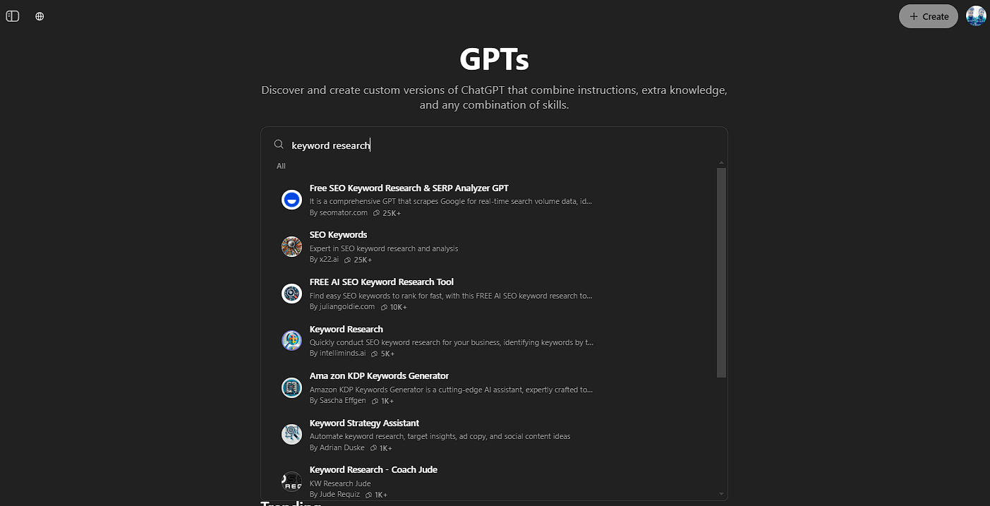 ChatGPT "Explore GPTs" interface showing search results for "keyword research," listing various GPT tools like "Free SEO Keyword Research & SERP Analyzer GPT," "SEO Keywords," and "Keyword Research Coach Jude."