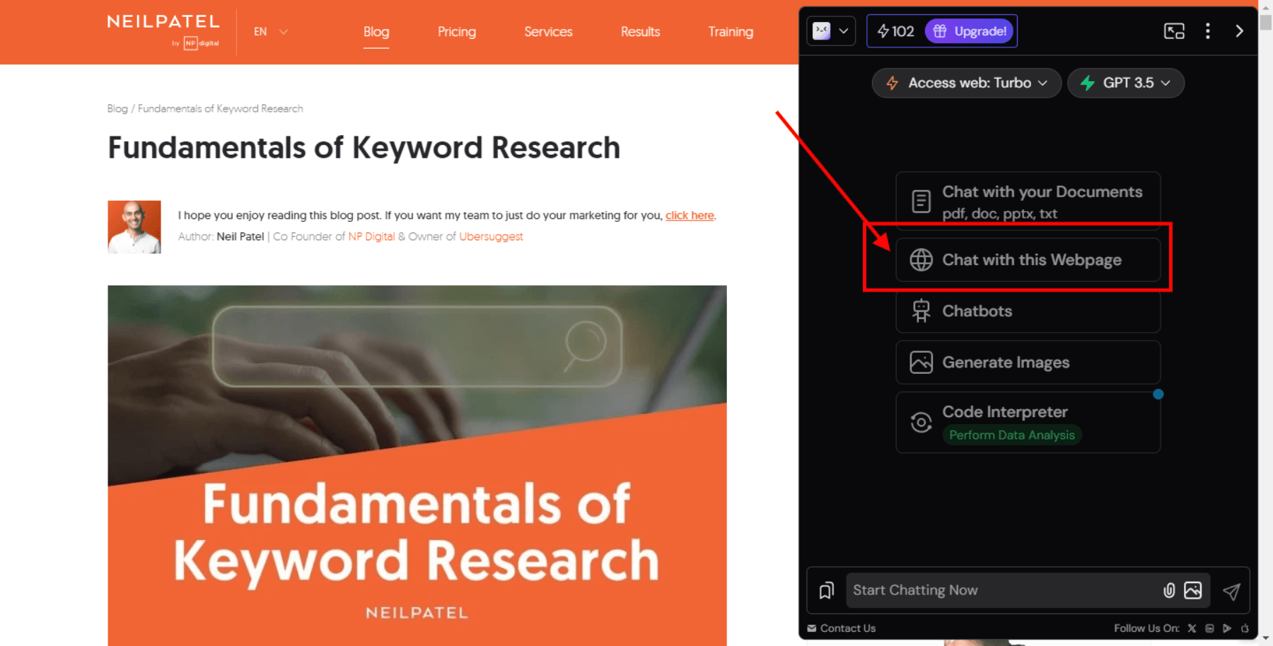 The screenshot shows the Merlin AI Chrome extension, which allows users to interact with web pages using natural language. The extension is pinned to the browser window for easy access. By clicking "Chat with webpage," users can open a chat window and ask specific questions about the content on the page.