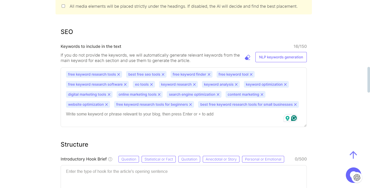 SEO Writing AI interface shows keywords for content integration, including 'free keyword research tools,' 'best free SEO tools,' and 'digital marketing tools,' with options for NLP keyword generation and introductory hook selection.