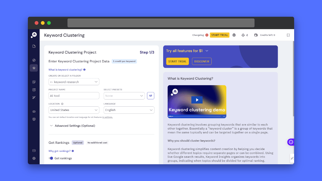 Keyword Insights.ai Keyword Clustering: Organize and analyze thousands of keywords. Identify clusters, separate or combine keywords, and boost SEO with targeted content strategy.
