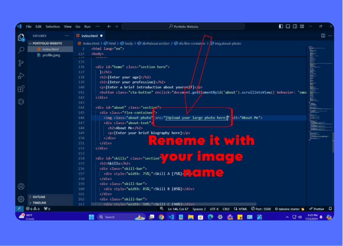 Screenshot of Visual Studio Code displaying HTML code with a highlighted section instructing the user to 'Upload your large photo here' and 'Rename it with your image name,' illustrating the customization of AI-generated code.