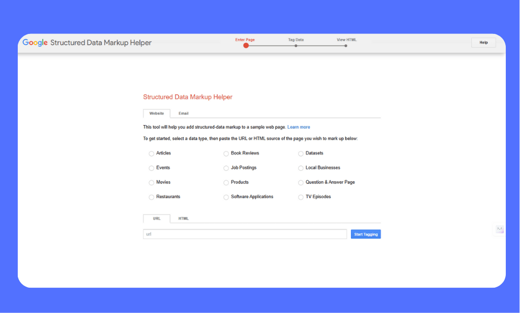 A screenshot of the Google Structured Data Markup Helper on a blue background, displaying the dual-pane interface used for visual tagging