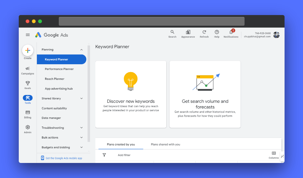 Google Ads interface showing the Keyword Planner section, highlighting options for discovering new keywords and getting search volume forecasts.