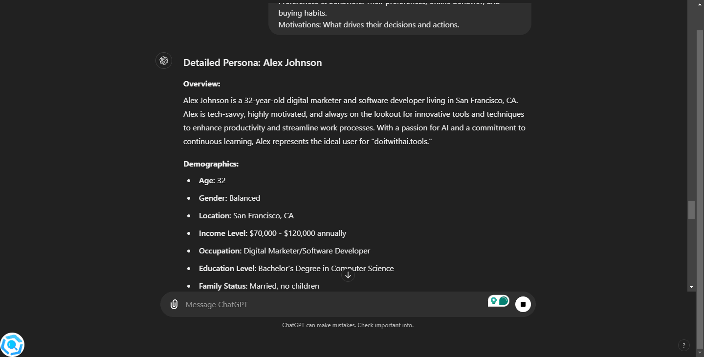 ChatGPT Generated Buyer Persona. Screenshot displays a detailed buyer persona generated by ChatGPT, including demographics, psychographics, and motivations.