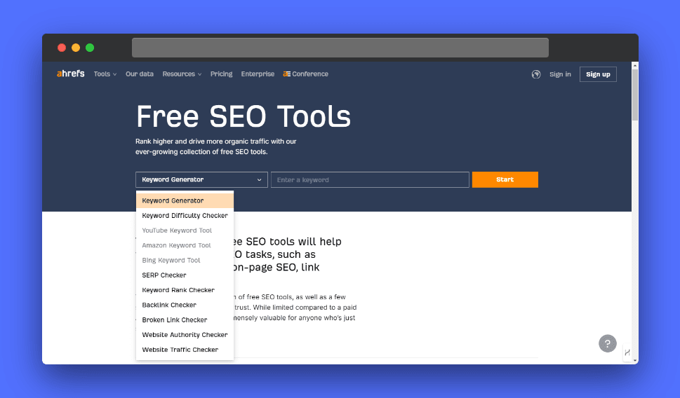 Ahrefs interface displaying their free SEO tools, including Keyword Generator, Keyword Difficulty Checker, and Backlink Checker.