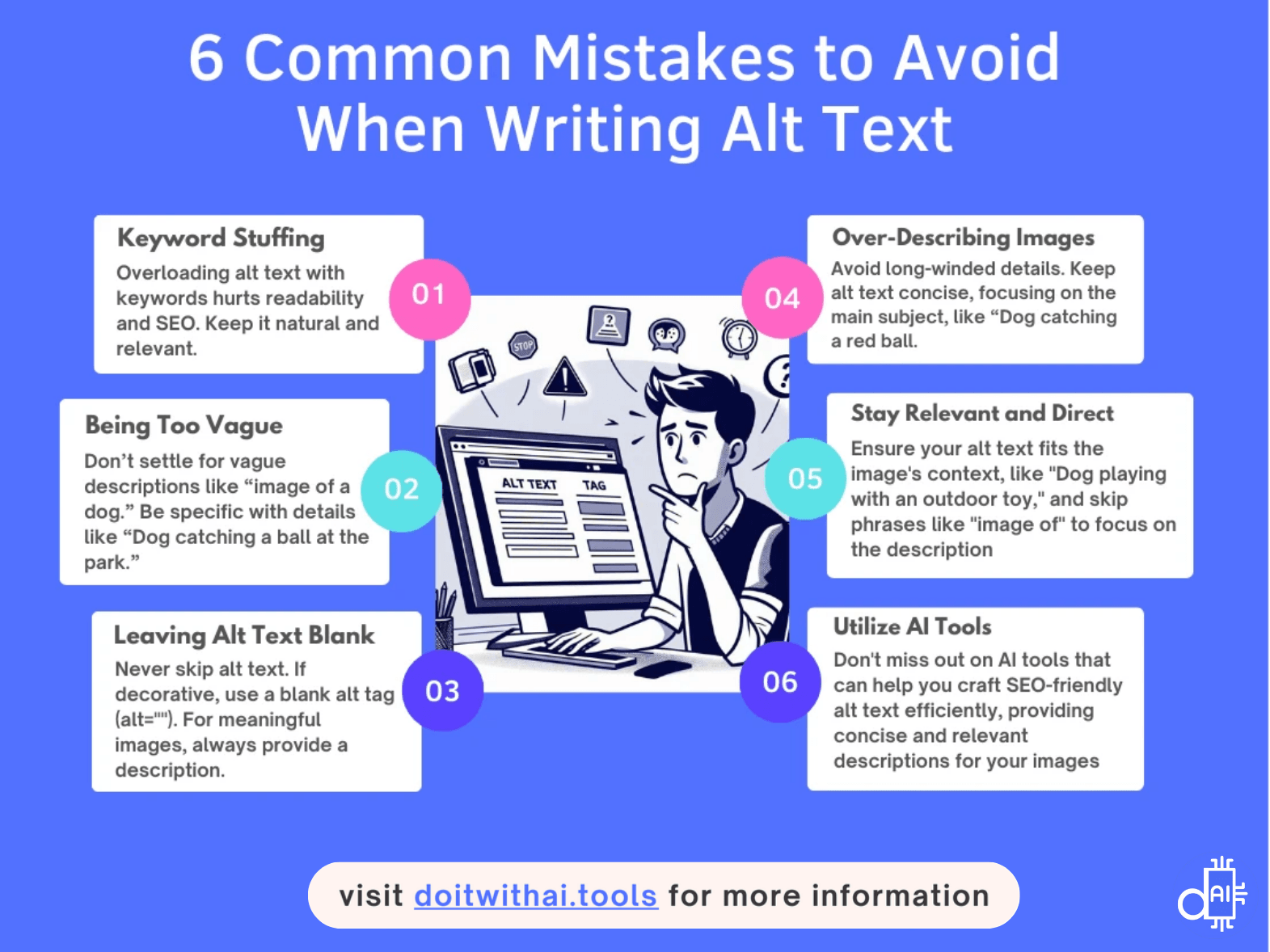 Infographic outlining 6 common mistakes to avoid when writing alt text: keyword stuffing, vague descriptions, leaving alt text blank, over-describing images, staying irrelevant, and not utilizing AI tools. Visit doitwithai.tools for more information.