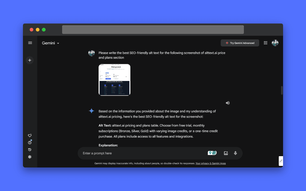 User requesting Gemini AI to write SEO-friendly alt text for a screenshot of alttext.ai pricing and plans table. The table offers a free trial, monthly subscriptions with varying image credits, and a one-time credit purchase. All plans include full access to features and integrations