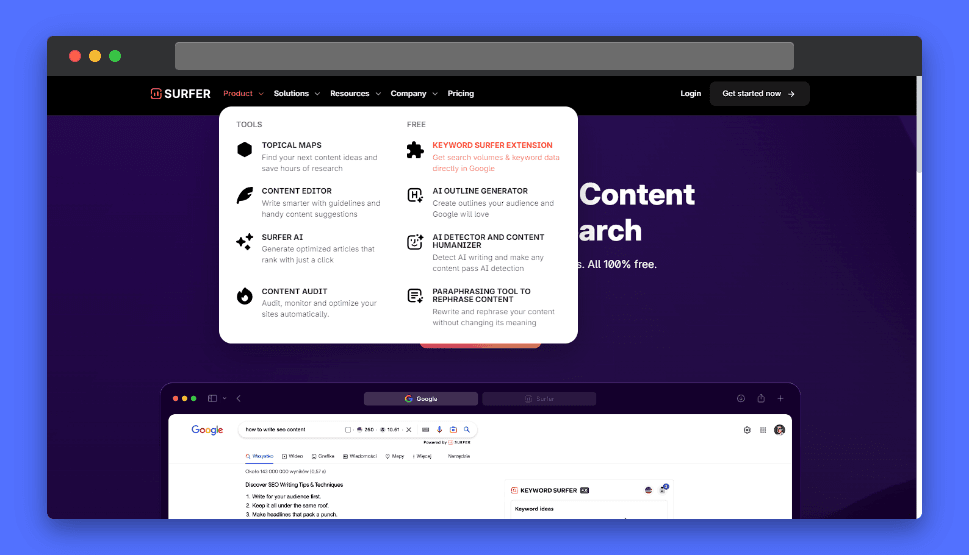 Keyword Surfer interface displaying Topical Maps, Content Editor, AI Outline Generator, and other free SEO tools.