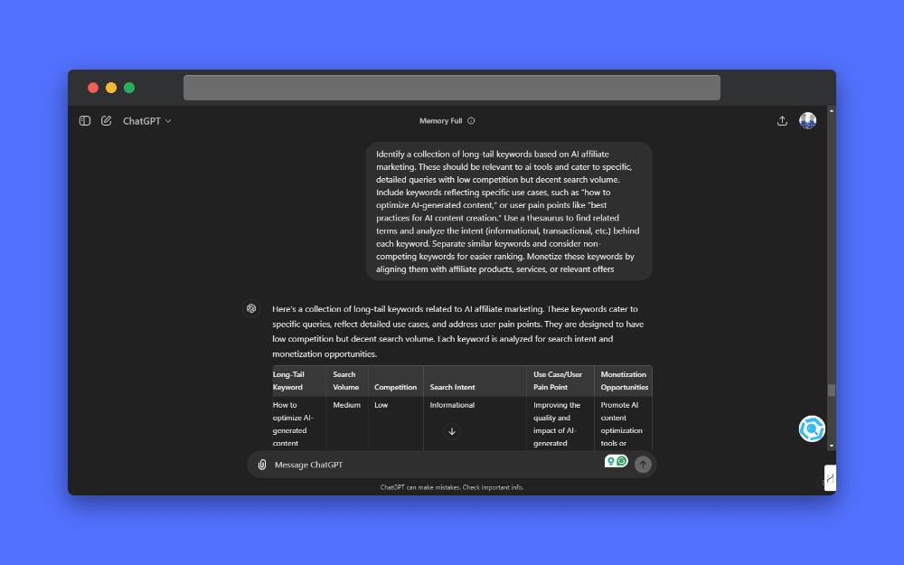 Screenshot of ChatGPT interface showing a prompt for generating long-tail keywords based on AI affiliate marketing, and the generated table with long-tail keywords, search volume, competition, search intent, user pain points, and monetization opportunities.