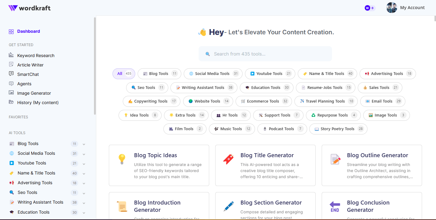 Wordkraft AI dashboard displaying various content creation tools including Keyword Research, Article Writer, SmartChat, Image Generator, and a wide array of AI tools categorized for blogs, social media, YouTube, SEO, and more.