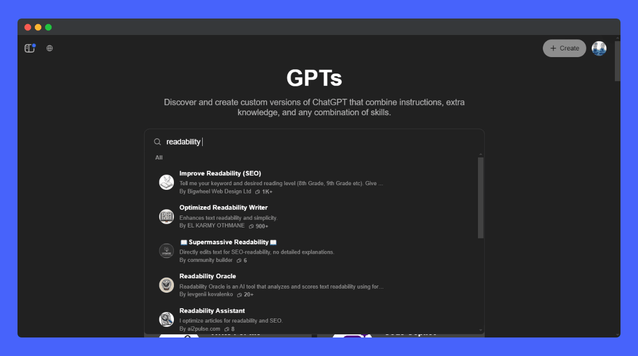 Screenshot of ChatGPT interface exploring readability improvement tools under the 'Explore GPTs' option.