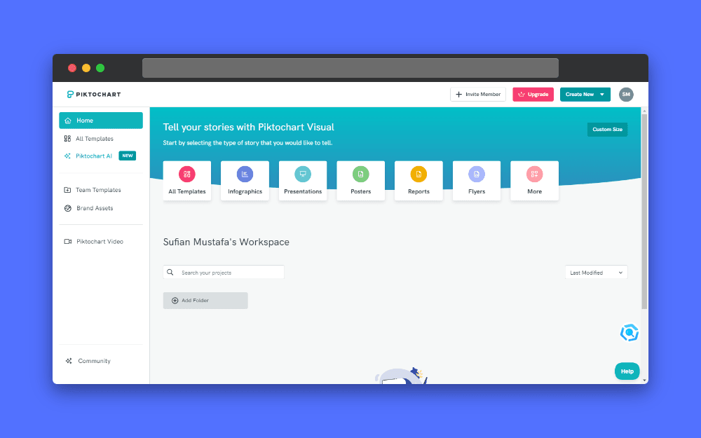 Screenshot of Piktochart dashboard. Displays template categories like infographics, presentations, posters, and reports. Shows workspace with search and folder options. Includes navigation menu with Piktochart AI and Piktochart Video links.