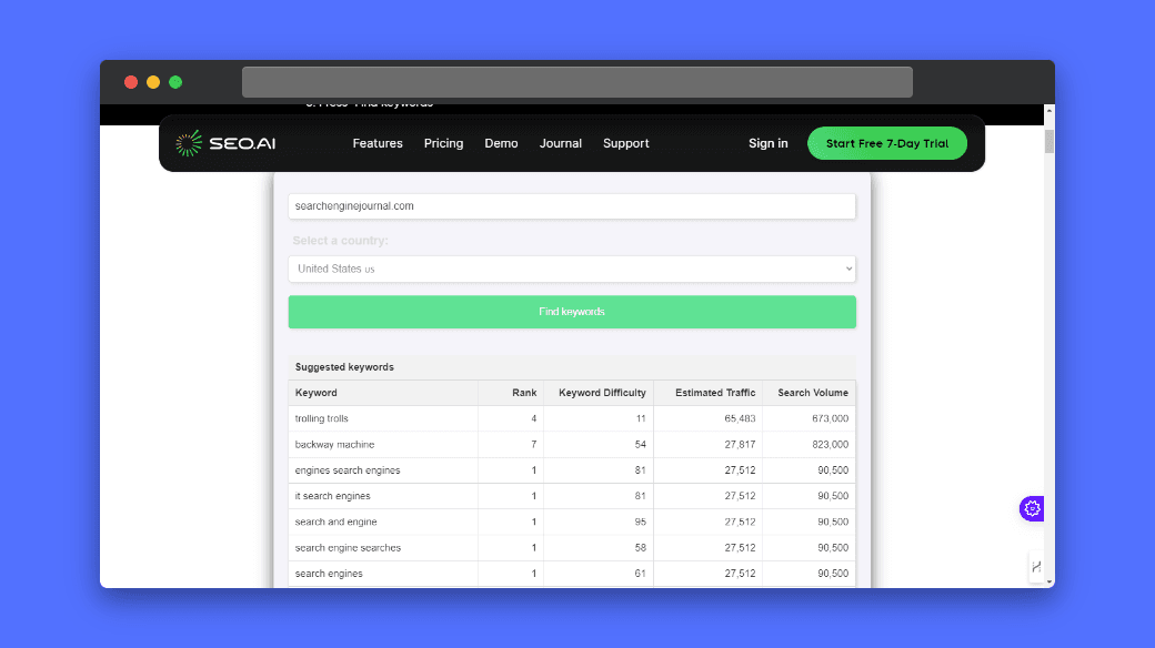 SEO.ai Competitor Keywords Tool: Analyze which keywords you and your competitors are ranking for in a specific country. Enter a domain name, select a country, and find keywords