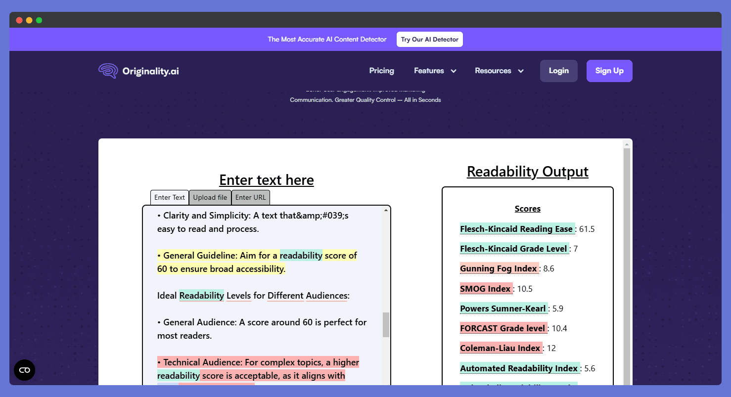 Screenshot of the Originality AI readability checker, showing a text input area with highlighted text issues and a readability output section displaying various readability scores.