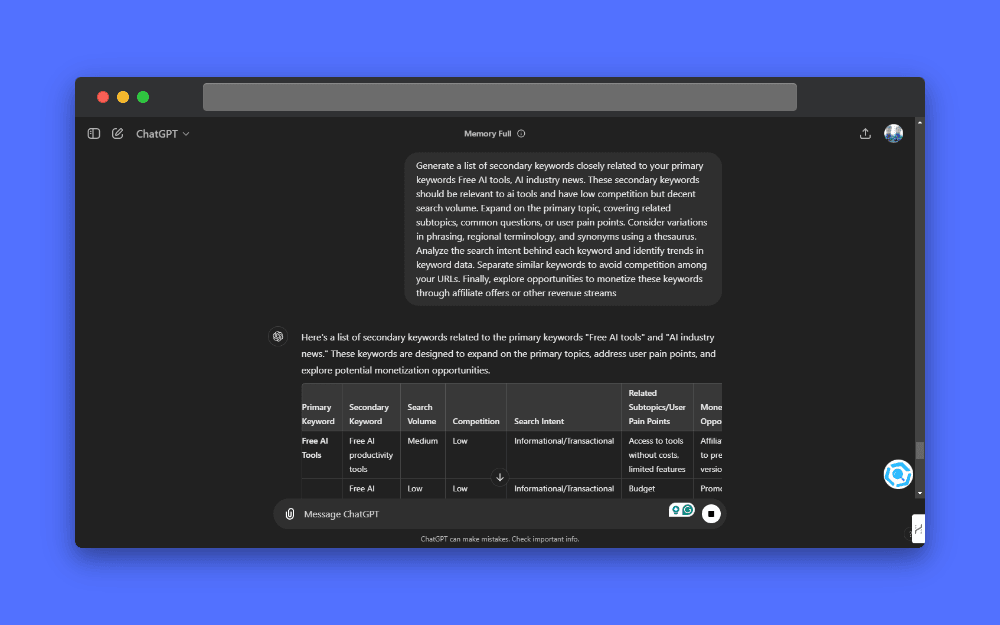 ChatGPT screenshot showcasing keyword research results for free AI tools, including secondary keywords, search metrics, and monetization ideas.