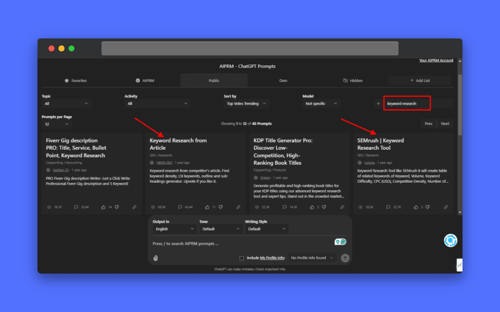 AIPRM for ChatGPT interface showing keyword research prompts: "Keyword Research from Article," "KDP Title Generator Pro," and "SEMrush | Keyword Research Tool."