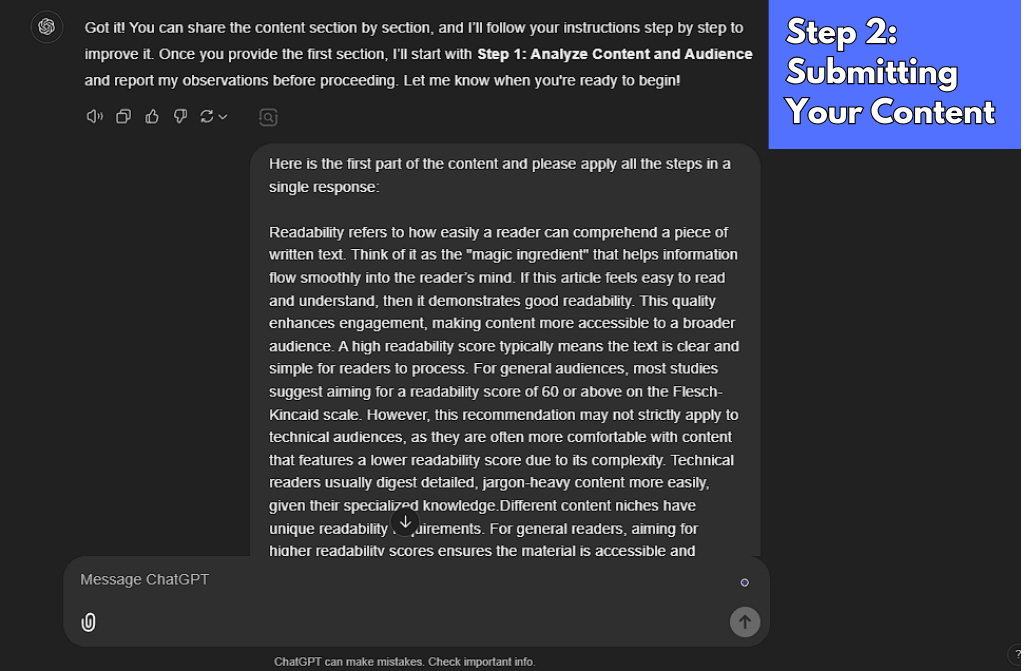ChatGPT interface with a message box titled 'Step 2: Submitting Your Content' and a text input area containing the first section of content to be analyzed and improved