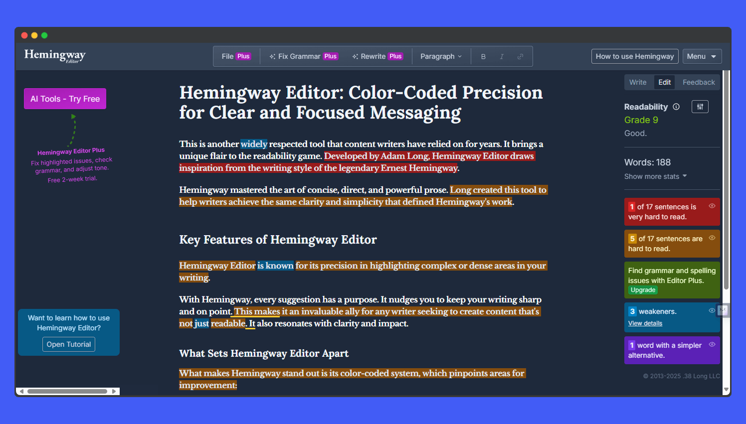 Screenshot of the Hemingway Editor interface, showing a document with highlighted text indicating readability issues, and a readability score displayed on the right.