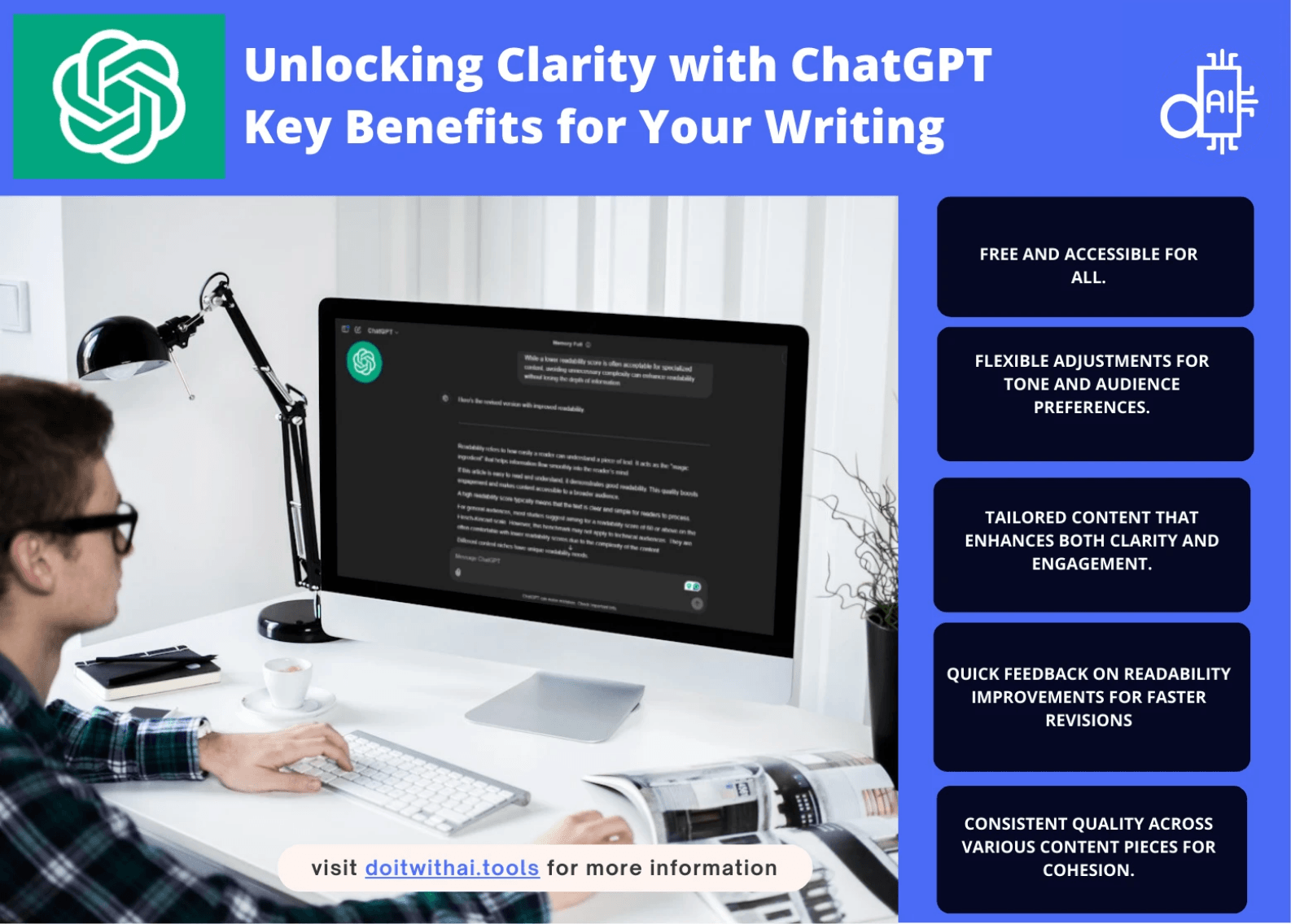 Visual highlighting the benefits of using ChatGPT for writing. A person sits at a desk using a computer with ChatGPT displayed on the screen. Key benefits listed include free access, flexible tone adjustments, tailored content, quick feedback, and consistent quality. Visit doitwithai.toolsfor more information.