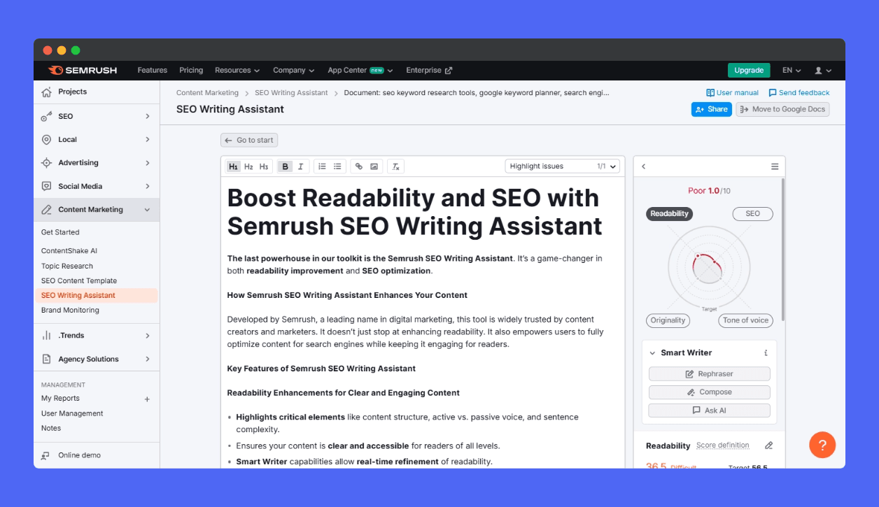 Screenshot of the Semrush SEO Writing Assistant interface, showing a document with readability and SEO suggestions, and various content creation features.