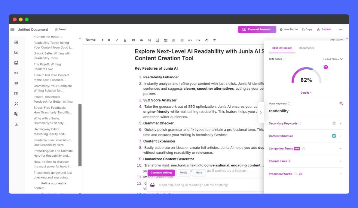 Screenshot of Junia AI SEO Content Creation Tool highlighting its readability enhancement features. The interface shows an editor with text, an SEO Optimizer panel displaying a 62% SEO score, and sections for secondary keywords, content structure, and more.