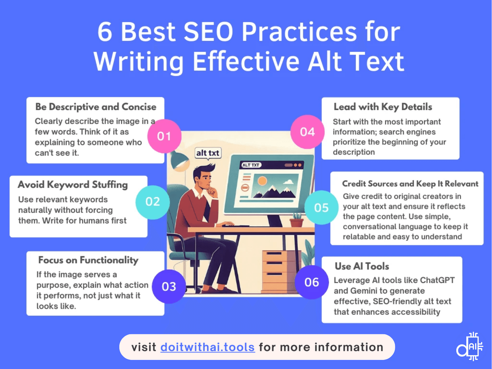 Infographic outlining 6 best SEO practices for writing effective alt text: be descriptive and concise, avoid keyword stuffing, focus on functionality, lead with key details, credit sources, and use AI tools like ChatGPT and Gemini. Visit doitwithai.tools for more information.