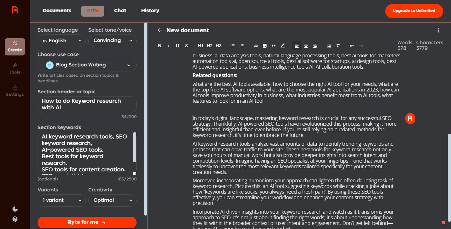 Rytr AI interface shows content generation section with fields for language, tone, use case 'Blog Section Writing,' section header 'How to do Keyword research with AI,' keywords, and generated text, highlighting its personalization and SEO optimization features.