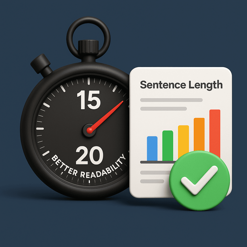A stopwatch with the needle pointing between 15 and 20, overlaid with the text 'BETTER READABILITY,' next to a bar graph labeled 'Sentence Length' showing a progression towards longer sentences, and a green checkmark, symbolizing the ideal sentence length for readability.