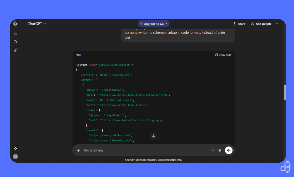 A screenshot of a ChatGPT response on a blue background providing clean JSON-LD schema markup code for the Do It With AI Tools brand