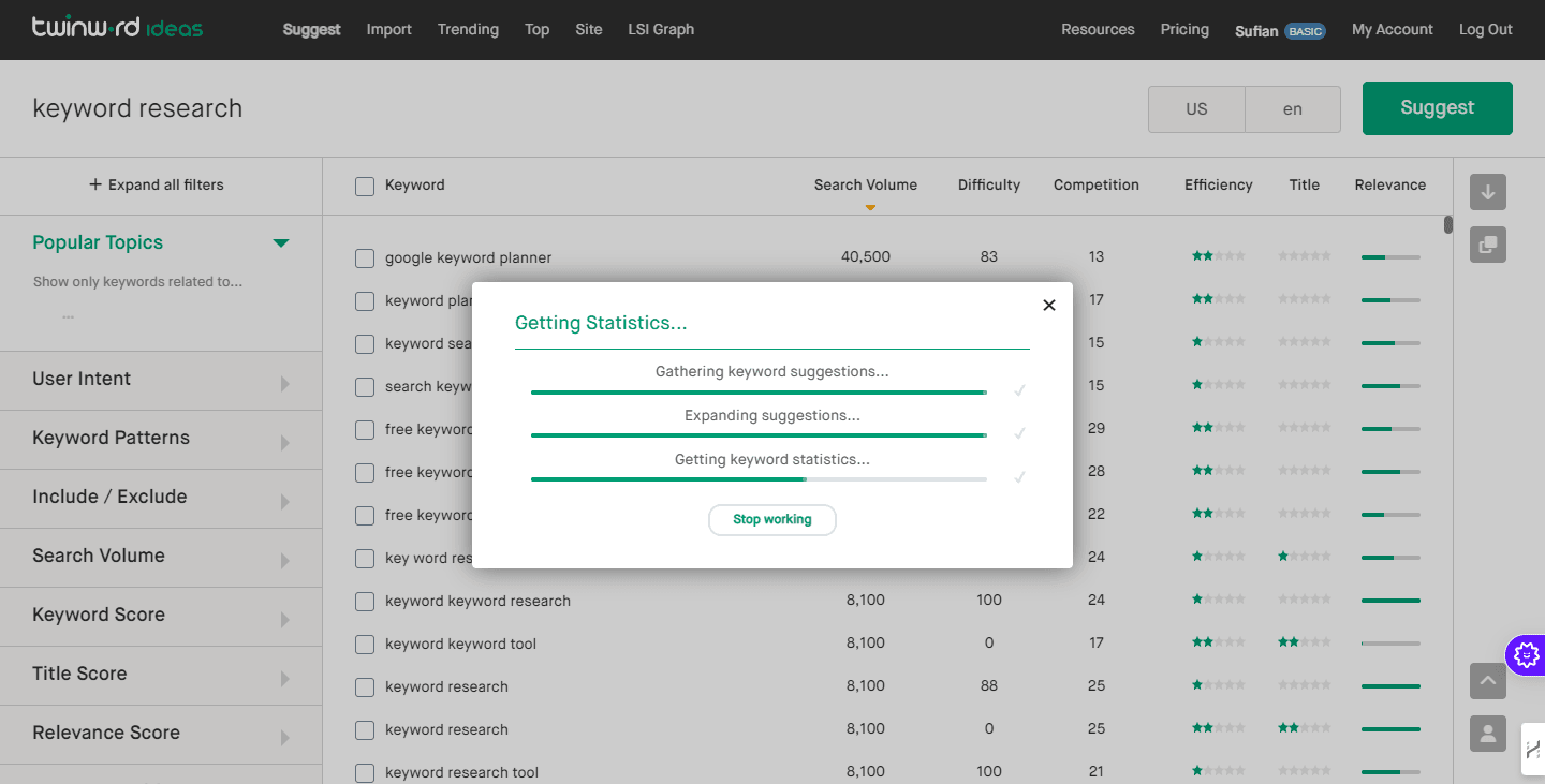 Screenshot of Twinword Ideas interface showing keyword research results for 'keyword research' with pop-up 'Getting Statistics...' and keyword metrics, highlighting its Trending Keywords feature for capturing emerging trends