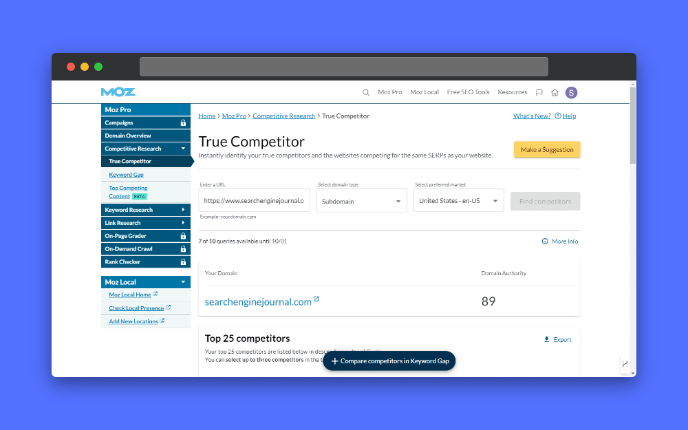 Screenshot of Moz's True Competitor tool showing a URL input field, domain type selection, market selection, and a list of top 25 competitors with domain authority score.
