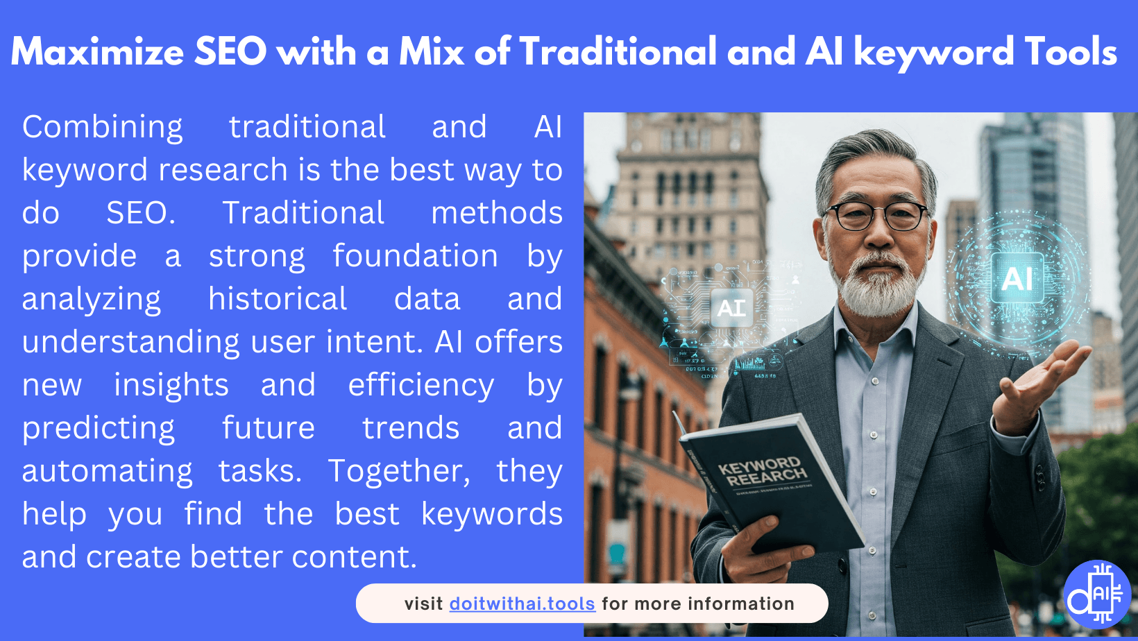 A graphic comparing traditional SEO tools with AI-powered solutions, showing a mix of historical analysis and predictive technology for better keyword strategies.