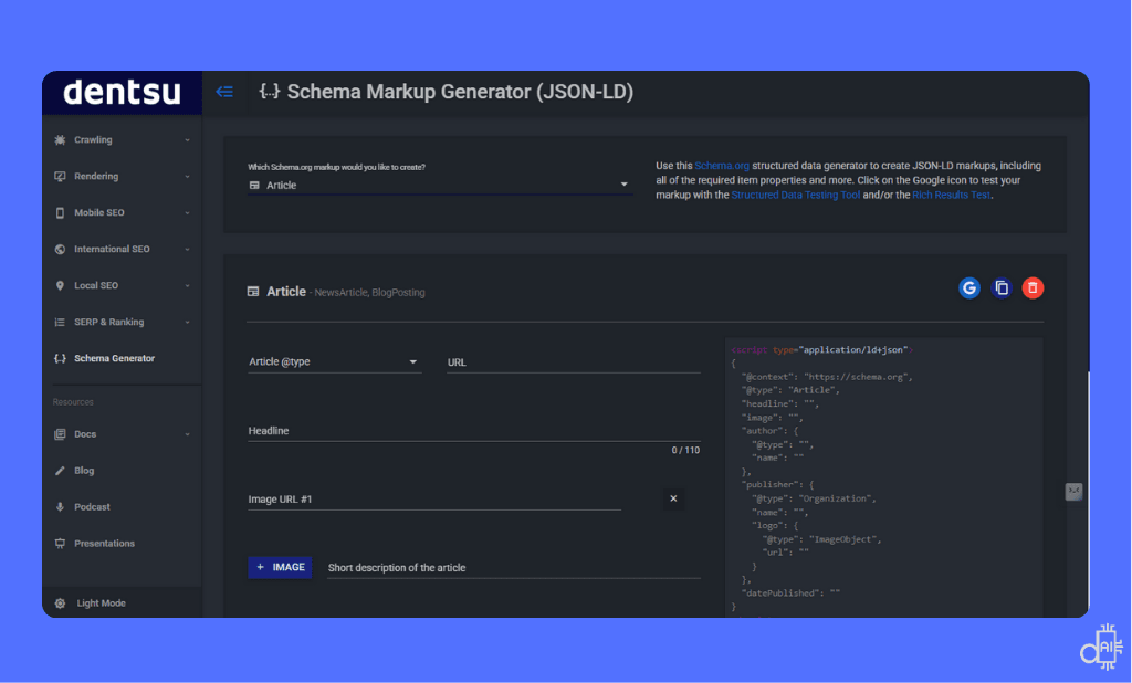 A screenshot of the TechnicalSEO.com Schema Markup Generator on a blue background, displaying a user-friendly interface for building structured data
