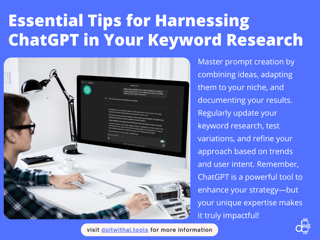 Infographic titled 'Essential Tips for Harnessing ChatGPT in Your Keyword Research' featuring a person using ChatGPT on a computer and text outlining tips such as mastering prompt creation, regularly updating research, testing variations, and refining based on trends and user intent.